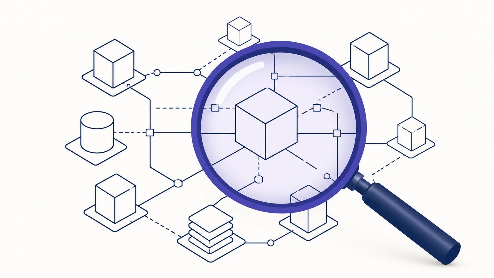 Ilustração editorial: lupa examinando diagrama de arquitetura ERP em blocos geométricos